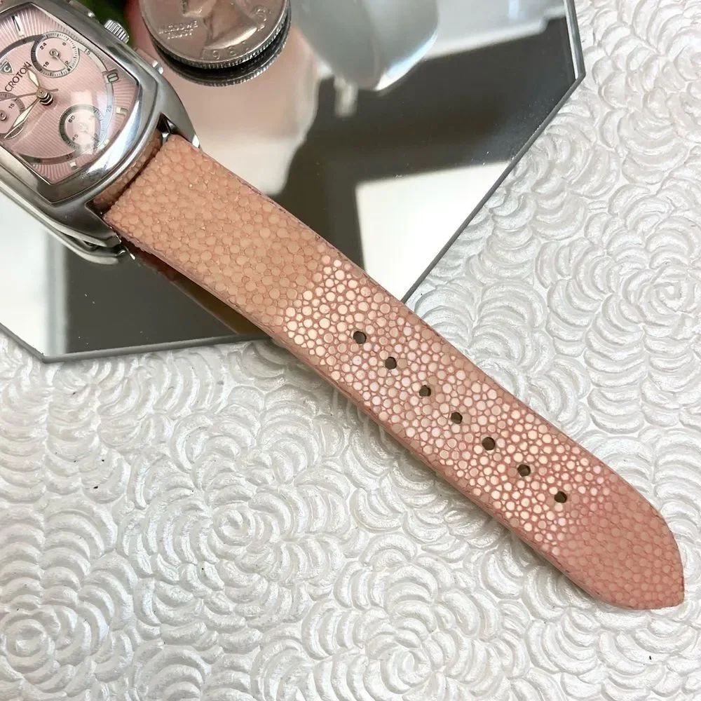 Croton All Stainless Steel Swiss Quartz Chronograph Pink Dial Sharkskin Strap
